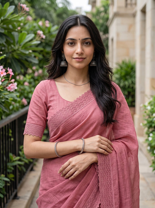 Cotton Linen Coral Pink Saree with Lace Border and V-Shaped Lace Detailing In pallu