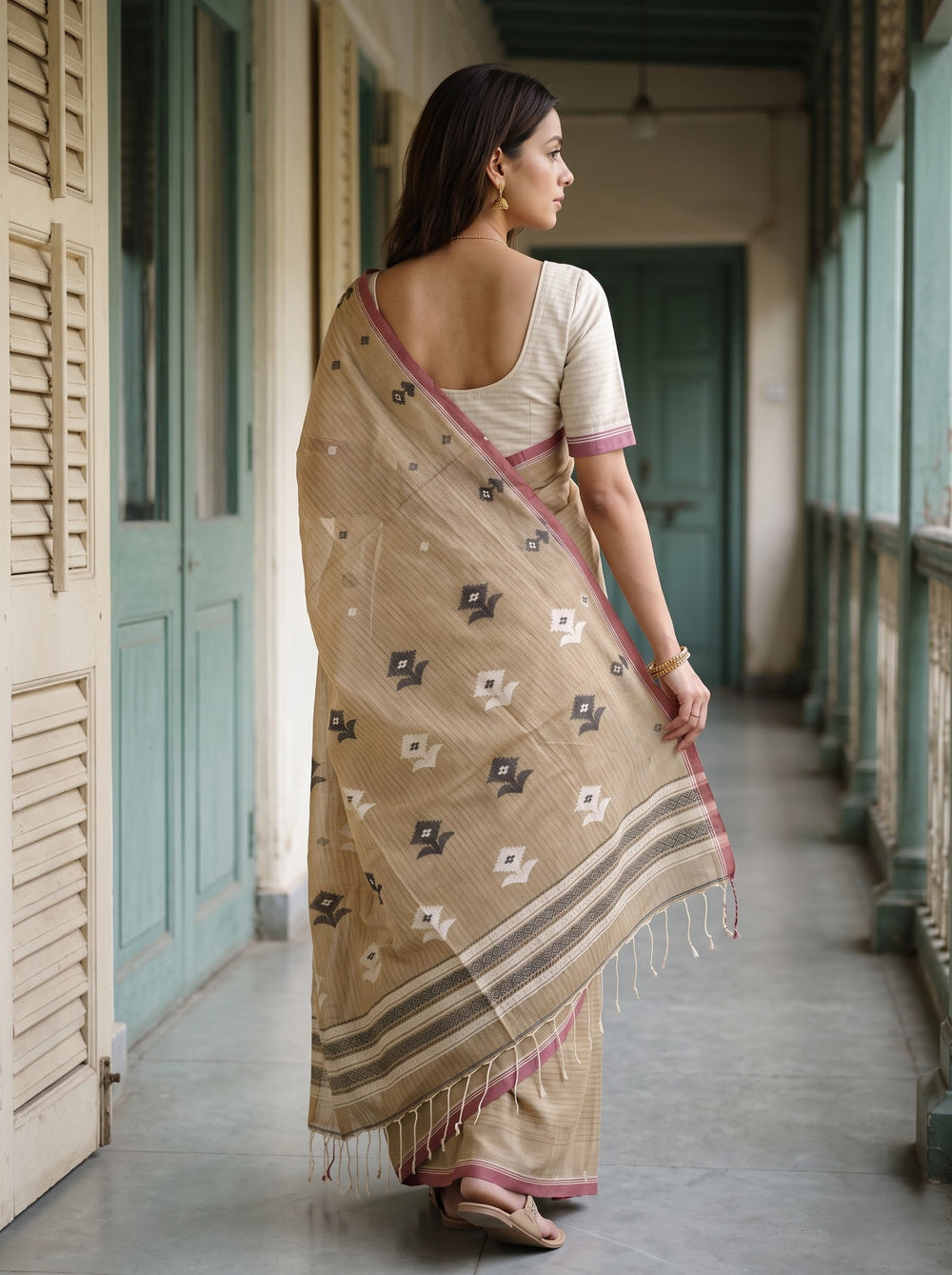 Cotton Sand Beige Floral Jaal Handloom Saree with Tassels
