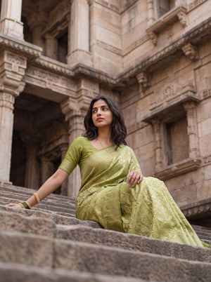 Banarasi Olive Green Self-Tone Floral Jacquard Saree