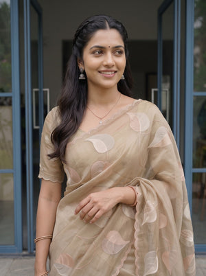 Organza Khaki Golden Peepal Leaf Zari Applique Embroidered Saree