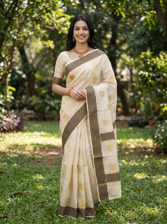 Tissue Cream Golden Zari Lotus Motif Black Golden Checkered Border Kerala Saree