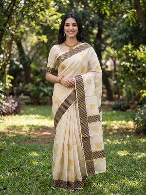 Tissue Cream Golden Zari Lotus Motif Black Golden Checkered Border Kerala Saree