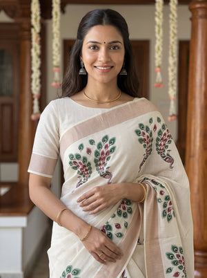 Cotton Cream Peacock Motif Print Onam Special Kerala Saree