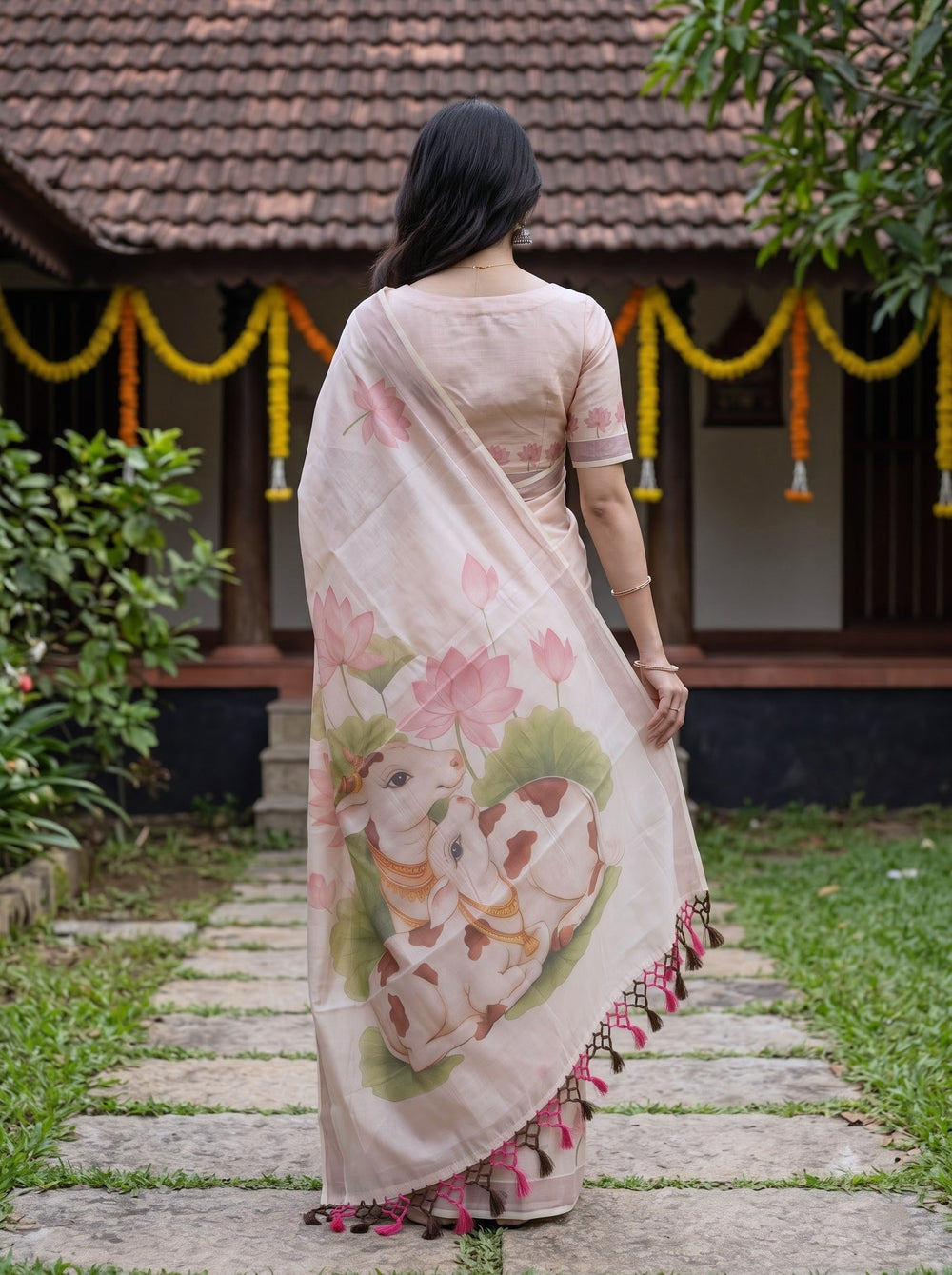 Tissue Rose Golden Cream Pink Lotus Cow Painting Onam Kerala Saree with Tassels