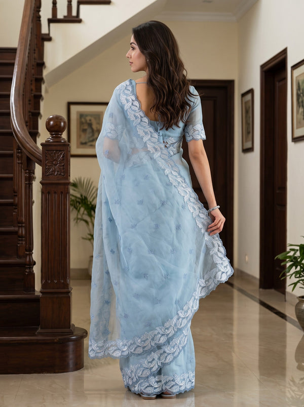 Organza Dusty Blue Self-Tone Leaf Vine Cutwork Lace Border Saree