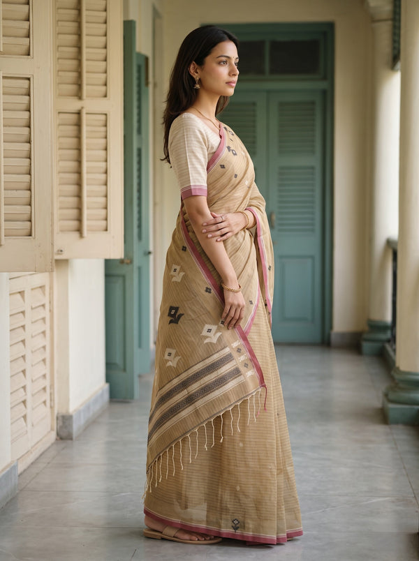 Cotton Sand Beige Floral Jaal Handloom Saree with Tassels