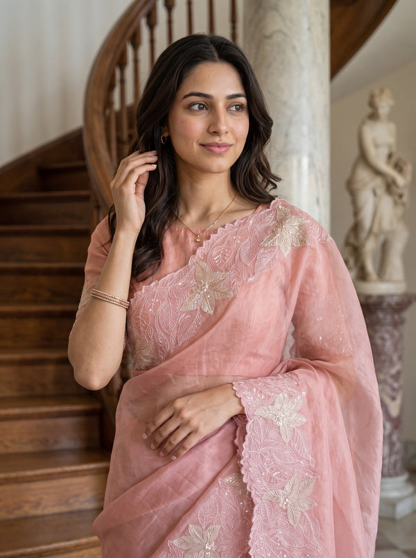 Organza Salmon Pink Leaf Vine Sequin Cutwork Flower Applique Border Saree
