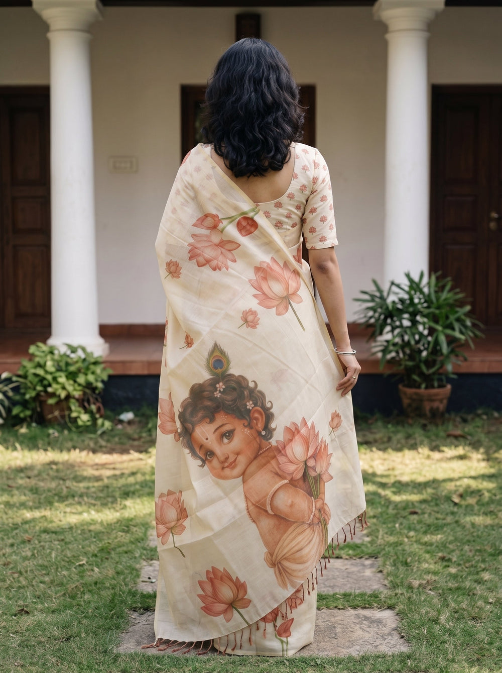 A woman stands outdoors in front of a building with white columns, wearing a cream-colored sari with a detailed print of cherubs, lotus flowers, and a peacock feather, paired with a matching short-sleeve blouse.