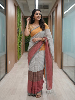 Cotton Rust-Grey Striped Saree with Solid Mustard Pallu