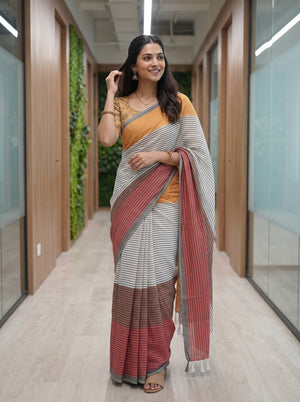 Cotton Rust-Grey Striped Saree with Solid Mustard Pallu
