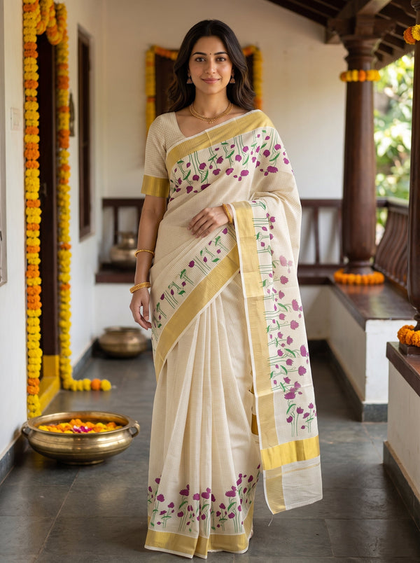 A woman wearing a cream-colored cotton saree with purple floral prints and yellow borders, standing in a traditional corridor decorated with marigold garlands.