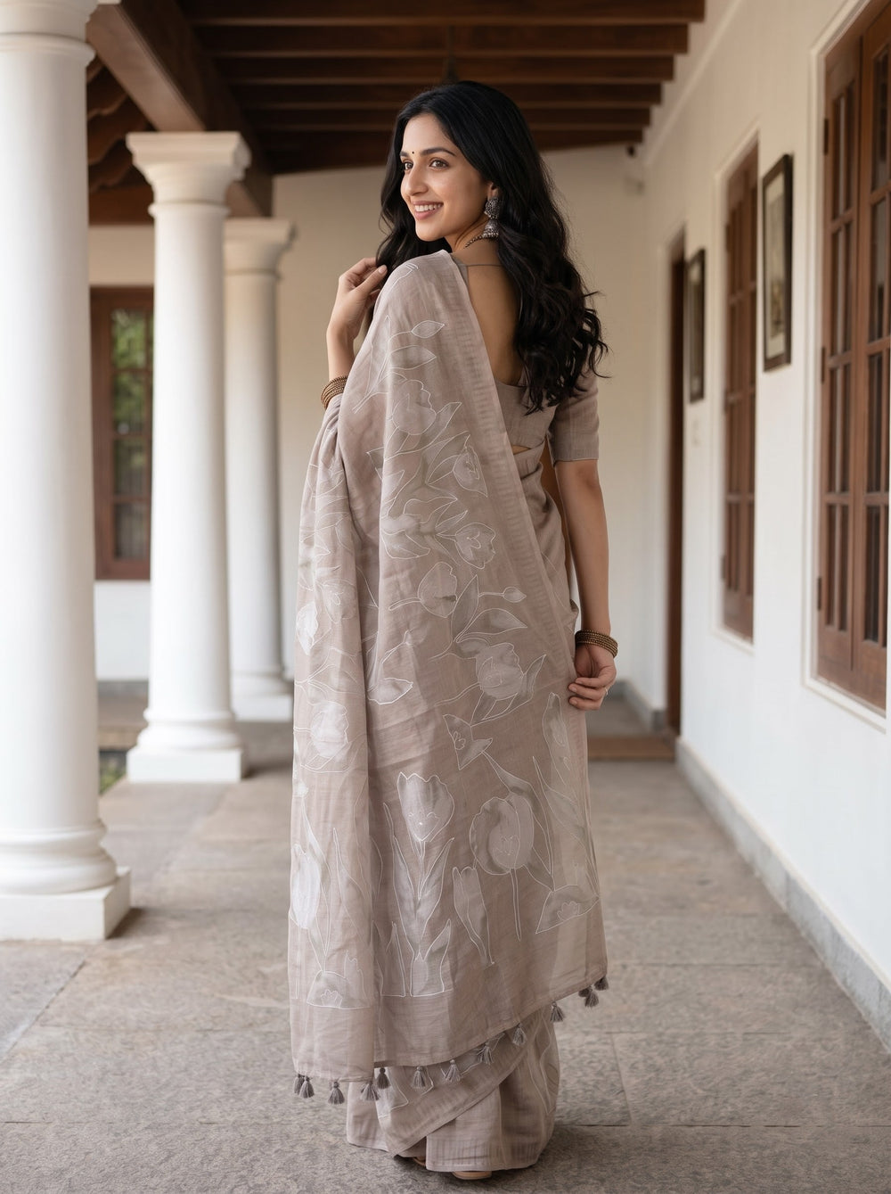 Mul Chanderi Beige Saree with Tulip Floral Print and Tassels