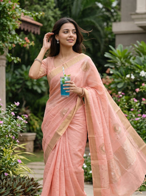 Linen Peach Saree with Golden Beaded Medallion Motifs and Tasseled Border