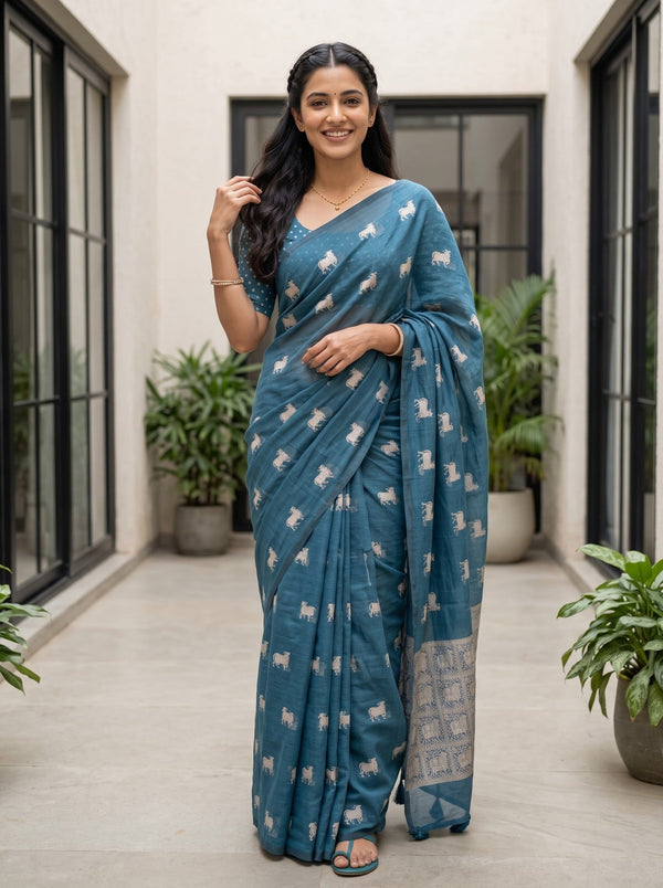 Cotton Silk Teal Blue Saree with animal Motif Mural Pallu