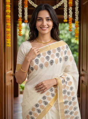 Cotton Cream Peacock Feather Print Gold Zari Border Onam Special Kerala Saree