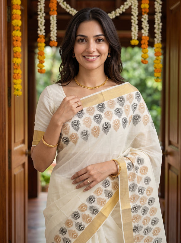 Cotton Cream Peacock Feather Print Gold Zari Border Onam Special Kerala Saree