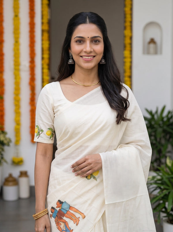 Cotton Cream Off-White Children at Play Illustrated Print Onam Kerala Saree