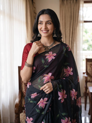 Organza Black Pink Lily Floral Print Saree with Tassels