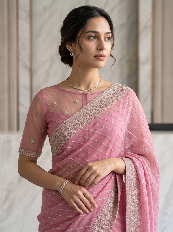 Chiffon Pink Diagonal Golden Stripe Saree