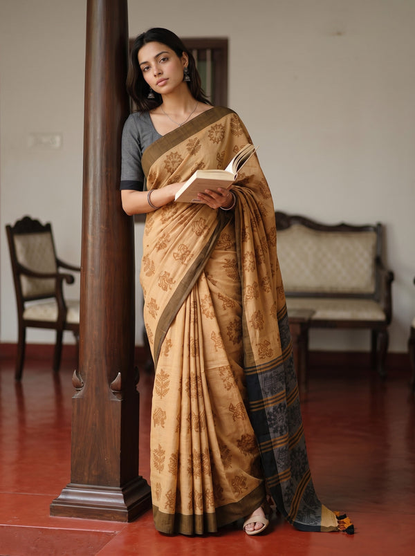 Cotton Grey Mustard Batik Print Pinstripe Border Tasseled Saree