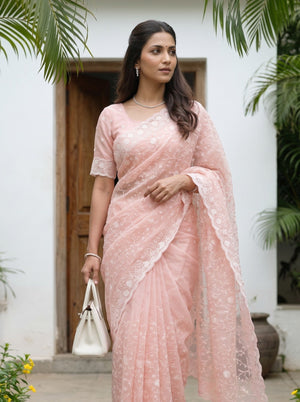Organza Peach Pink Allover Floral Vine Lace Embroidered Saree