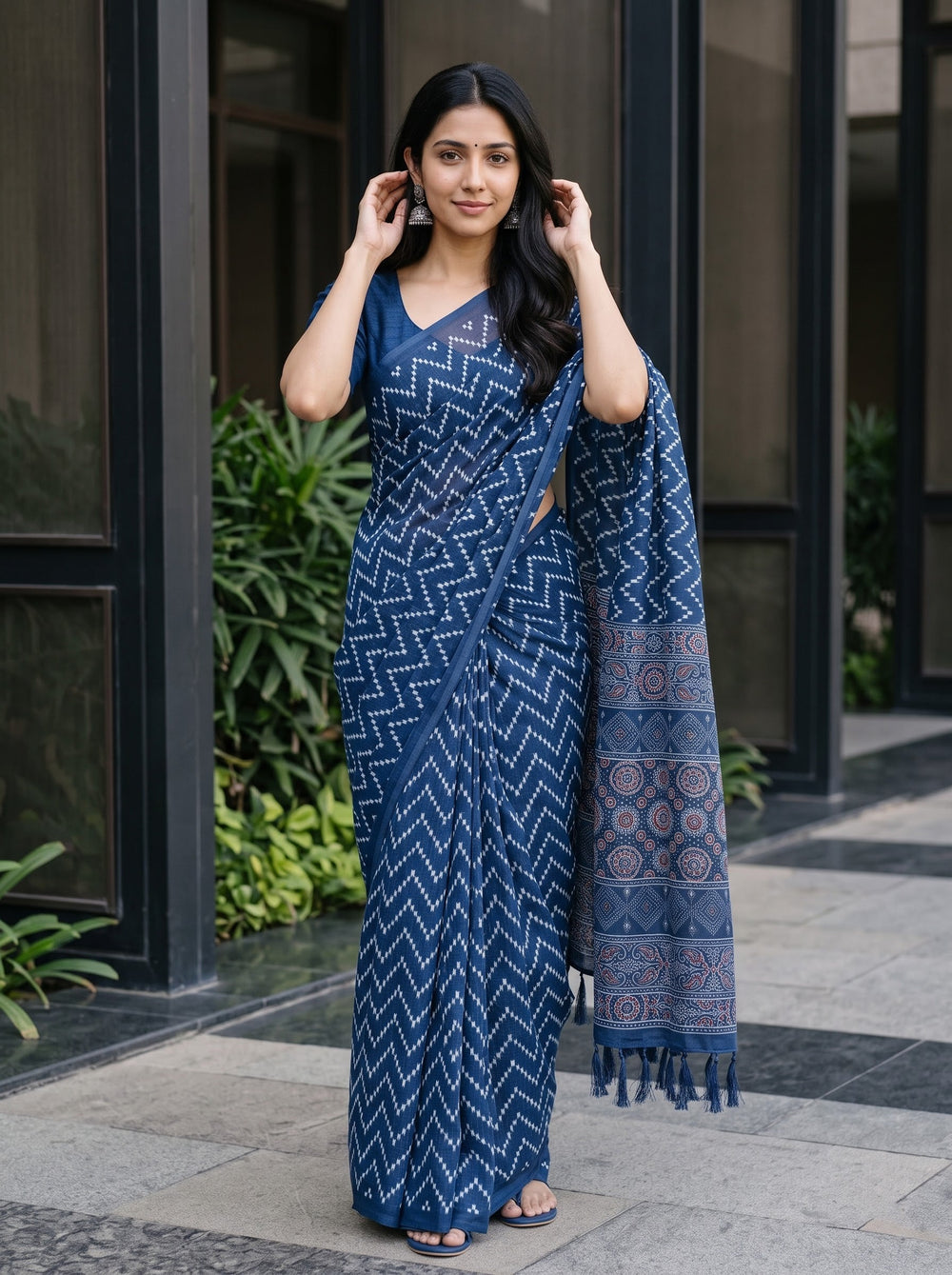 Cotton Navy Blue Saree with Ajrakh Mandala Print Pallu