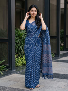 Cotton Navy Blue Saree with Ajrakh Mandala Print Pallu