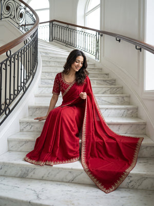 Chiffon Red Designer Saree with Scalloped Beaded Embroidery Border