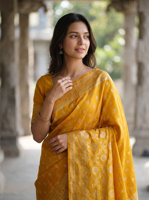 Banarasi Saree in Mustard Yellow with Golden Floral Medallion Pallu