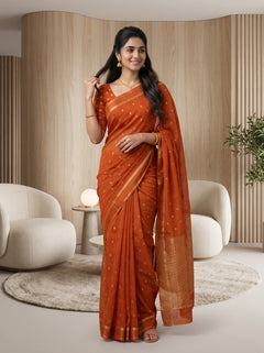 Chiffon Saree in Burnt Orange with Scattered Zari Motifs