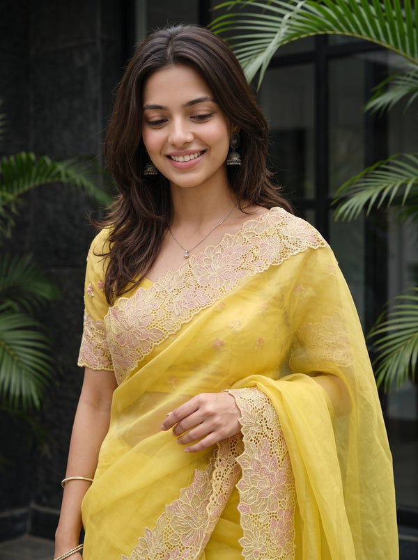 Organza Mustard Yellow Floral Lace Border Scalloped Saree