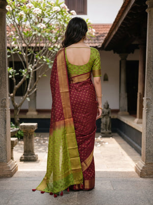 Semi Silk Maroon Green Ombre Zari Butti Saree
