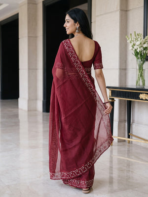 Organza Red Sequin Border Zari Floral Embroidered Saree
