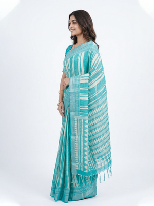 Soft Cotton Turquoise Blue Striped Print Saree with Tribal Border