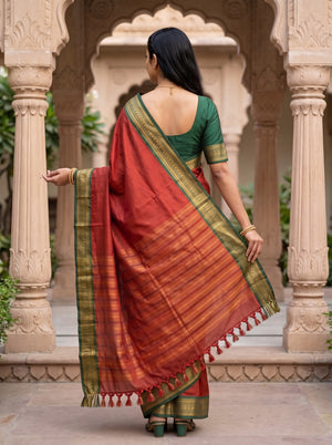 Semi Silk Red Golden Pinstripe Saree with Green Zari Border