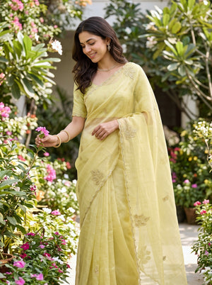 Organza Lemon Yellow Golden Bead Leaf Butta Zari Work Scalloped Border Saree