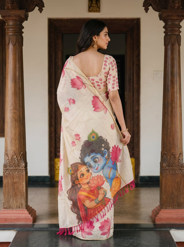 Tissue Cream Lotus Stem Print Onam Kerala Saree with Tassel Edge