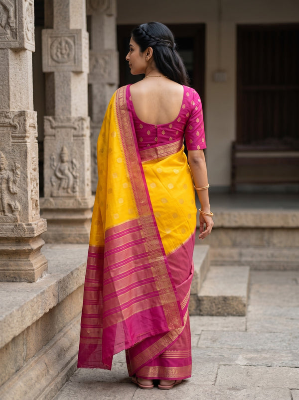 Semi Silk Yellow Pink Dual Tone Butta Saree
