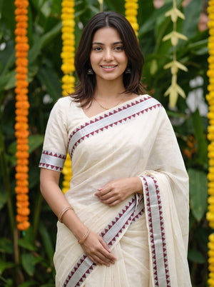 Cotton Cream Plain with Silver Zari Maroon Border Onam Special Kerala Kasavu Saree