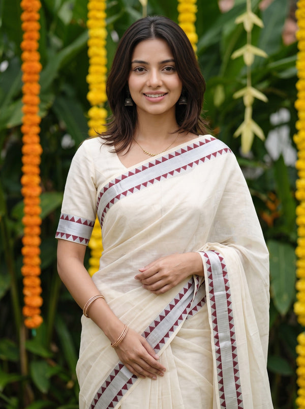 Cotton Cream Plain with Silver Zari Maroon Border Onam Special Kerala Kasavu Saree