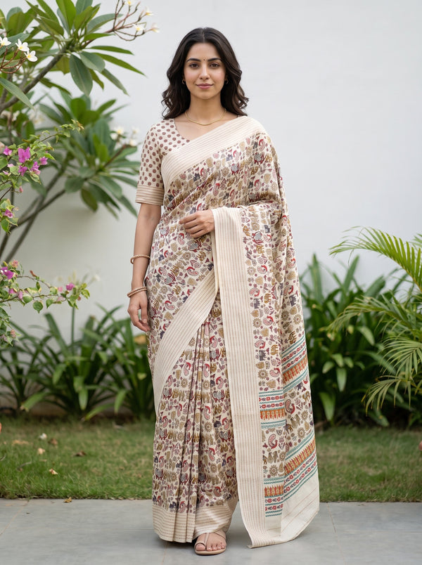 Cotton Saree in Off-White with Kalamkari Tribal Print