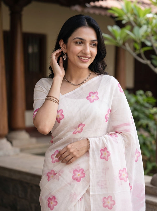Cotton White Saree with Pink Flower Print and Striped Border