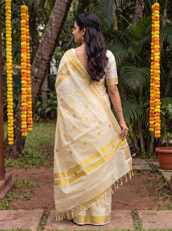 Tissue Cream Golden Polka Dot Zigzag Pallu Onam Kerala Saree