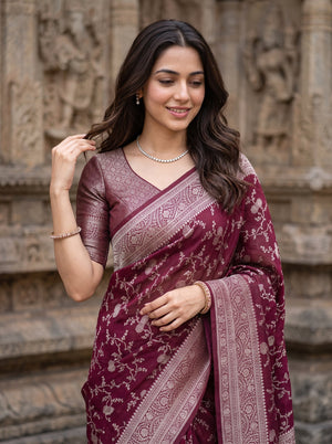 Banarasi Silk Maroon and Zari Floral Branch Saree