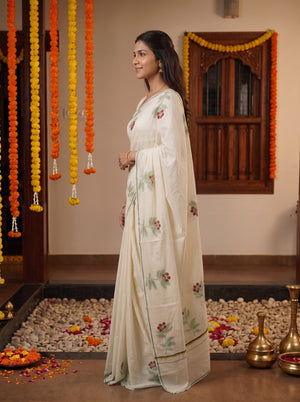 Cotton Off-White Green Red Berry Print Onam Special Kerala Saree