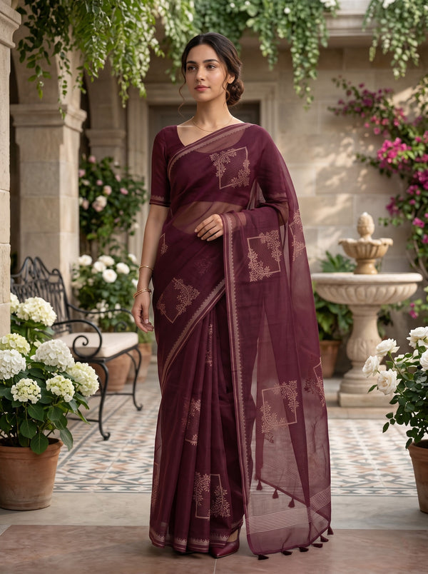 Organza Maroon Self-Tone Tree Motif Saree with Striped Pallu Border and Tassels