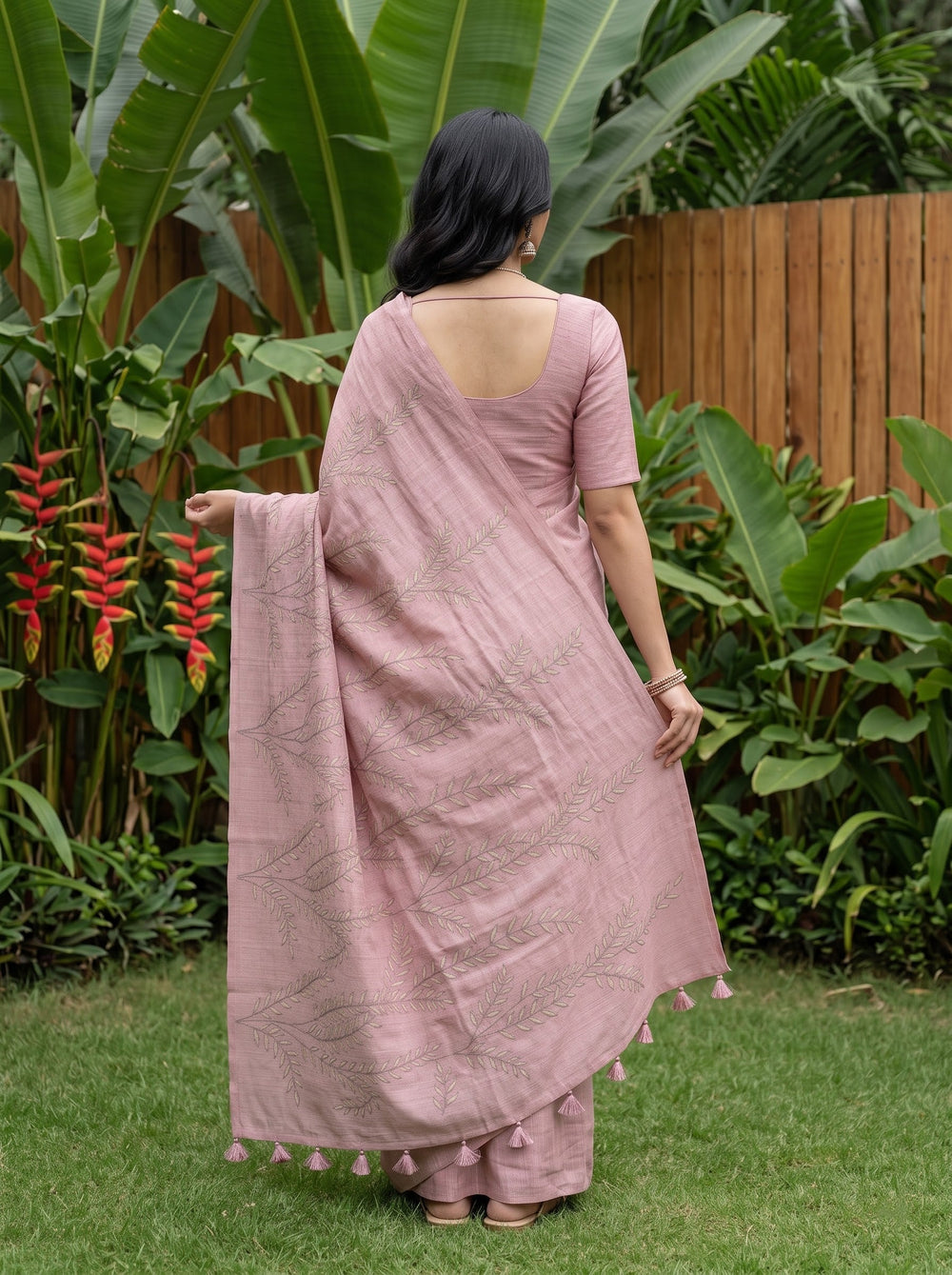 Linen Saree in Dusty Pink with Embroidered Fern Leaf Vine Design