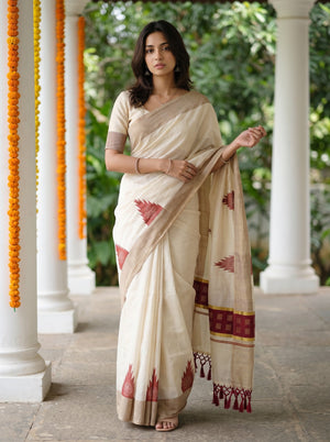 Tissue Cream Kerala Saree with Maroon Temple Motif Pallu and Tassels