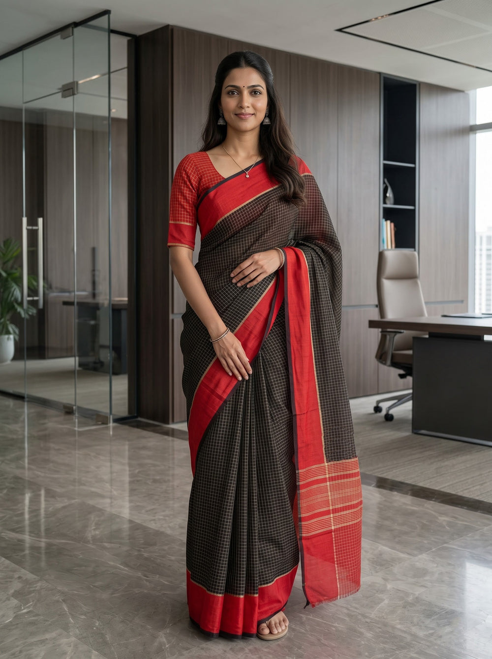 Chanderi Cotton Black Saree with Checked Design and Red Border