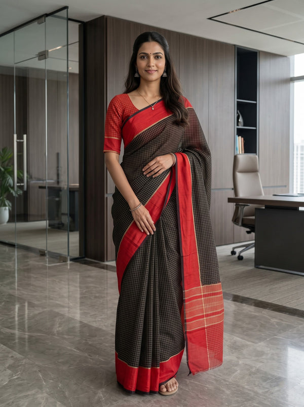 Chanderi Cotton Black Saree with Checked Design and Red Border